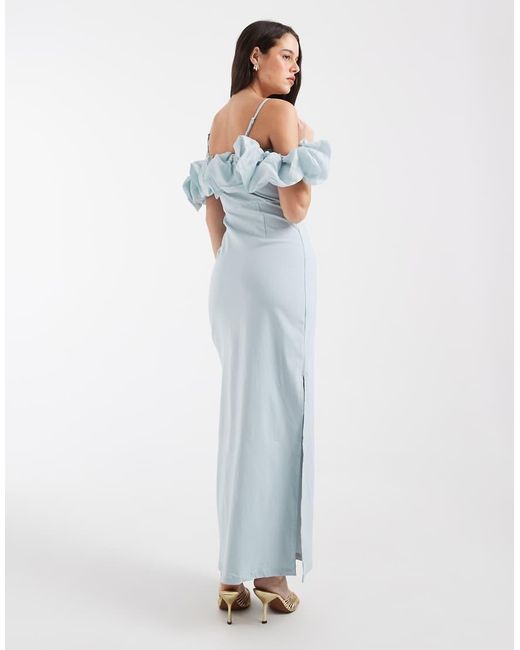 Object Blue Extreme Off The Shoulder Satin Ruffle Trim Maxi Dress