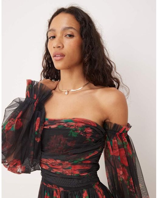 LACE & BEADS Multicolor Off The Shoulder Balloon Sleeve Tulle Maxi Dress