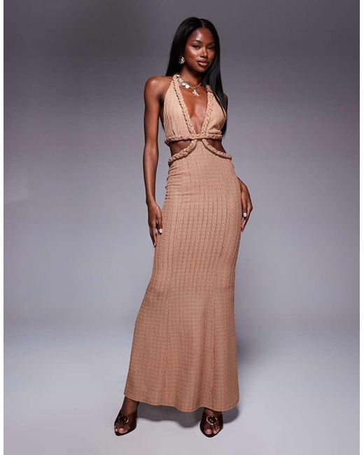 ASOS Blue Textured Rib Plaited Halter Midi Dress