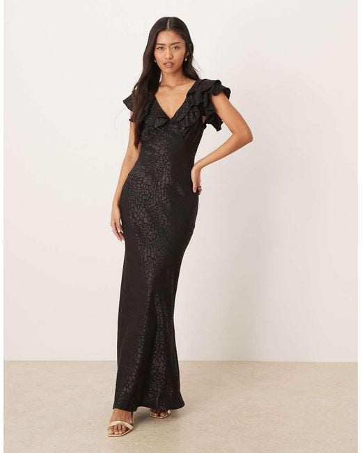 Never Fully Dressed Natural V Neck Ruffle Animal Jacquard Maxi Dress