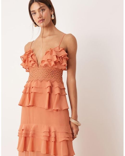True Decadence Orange Tiered Ruffle V-Neck Maxi Dress