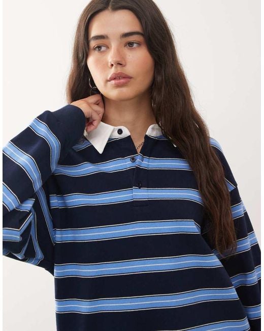 Lioness Blue Countryside Contrast Collar Detail Cuffed Oversized Jersey Top