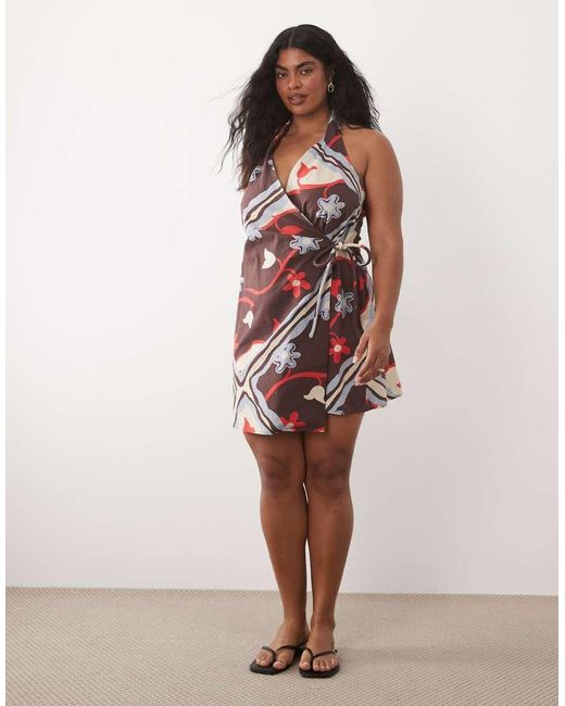 ASOS Red Asos Design Curve Cotton Linen Halter Neck Wrap Mini Sundress