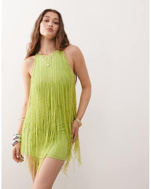 Miss Selfridge Green Premium Festival Halter Mini Dress With Embellished Fringing