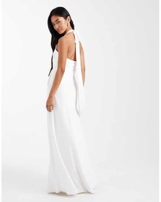 Six Stories White Bridal Scarf Halter Neck Twist Front Satin Maxi Dress