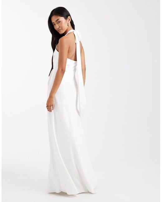 Six Stories White Bridal Scarf Halter Neck Twist Front Satin Maxi Dress