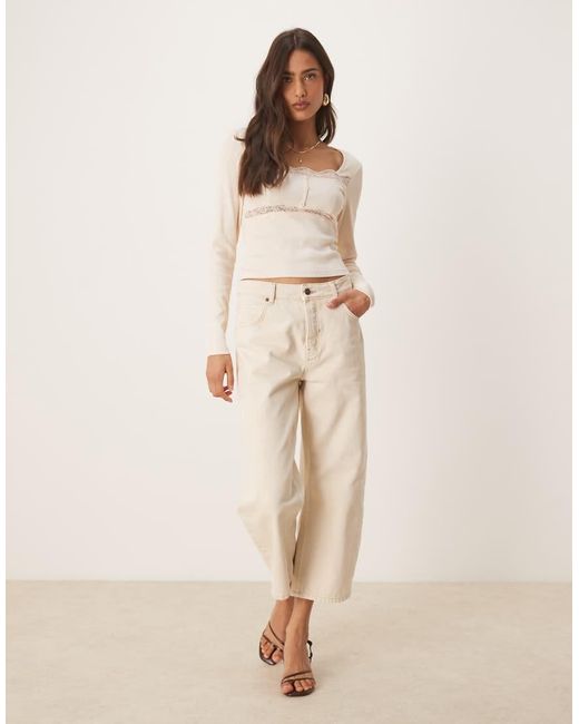 ASOS Geribbelde Top Met Lange Mouwen, Kant En Knopen in het Natural