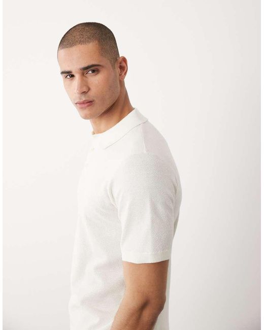 Threadbare White Knitted Short Sleeve Polo Top for men