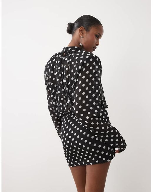Noughts & Kisses Black High Neck Shoulder Pads Blouson Chiffon Mini Dress