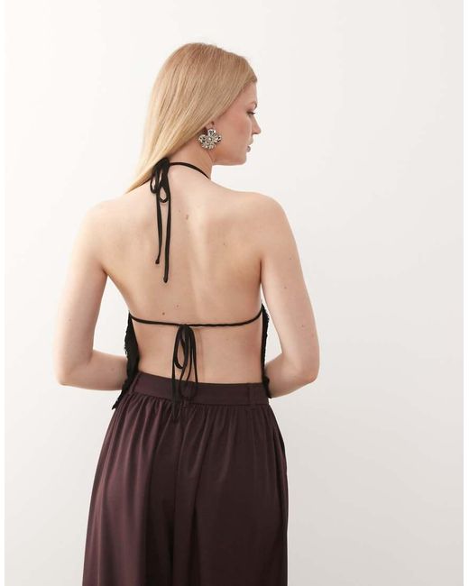 Collusion Black Backless Ruched Front Strappy Top With Lace Trim -brown
