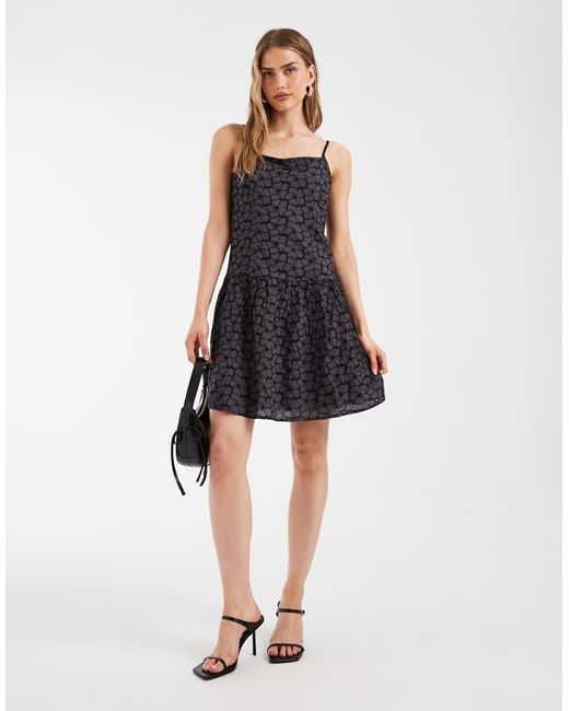 Pieces Blue Drop Waist Cotton Embroidered Mini Dress
