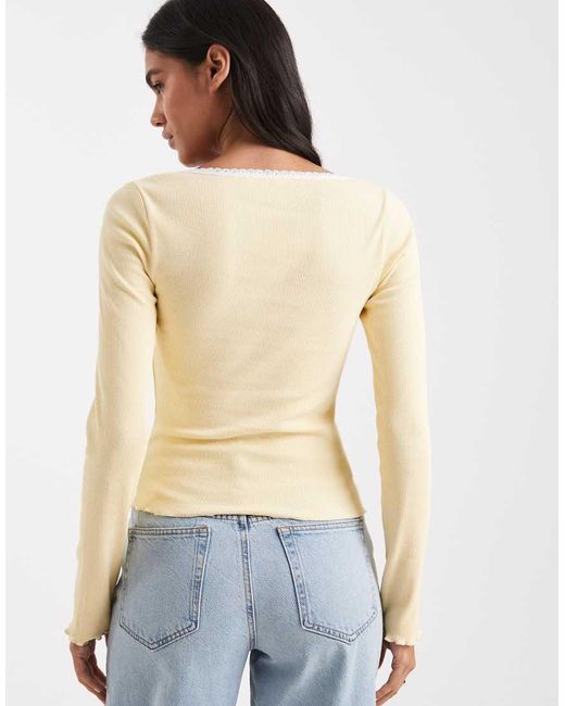Miss Selfridge Natural Fitted Square Neck Rib Top With Lace Trim