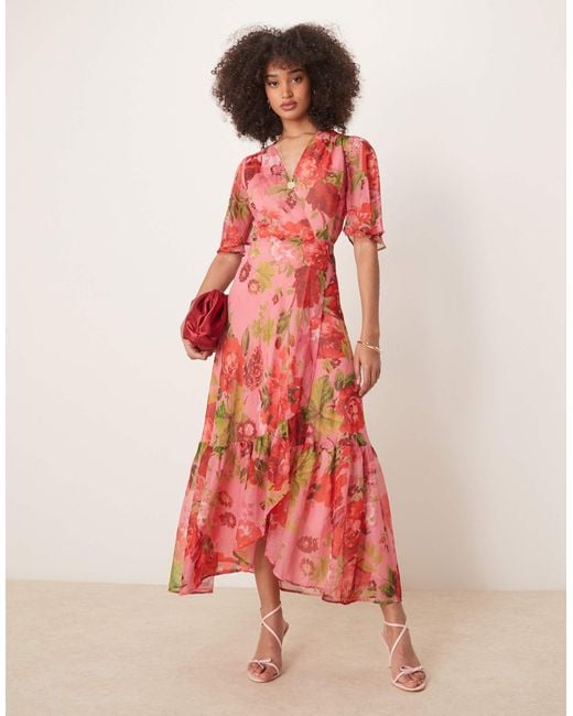 Hope & Ivy Red Flutter Sleeve Maxi Wrap Dress With Tie Waist