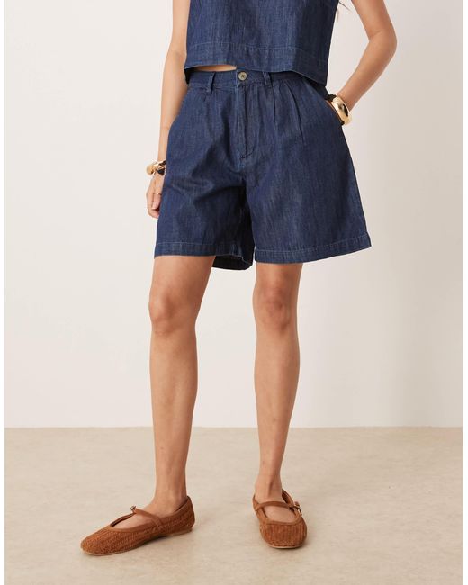 Mango Blue Cotton Tailored Longline Denim Short Co-ord With Dart Detailing