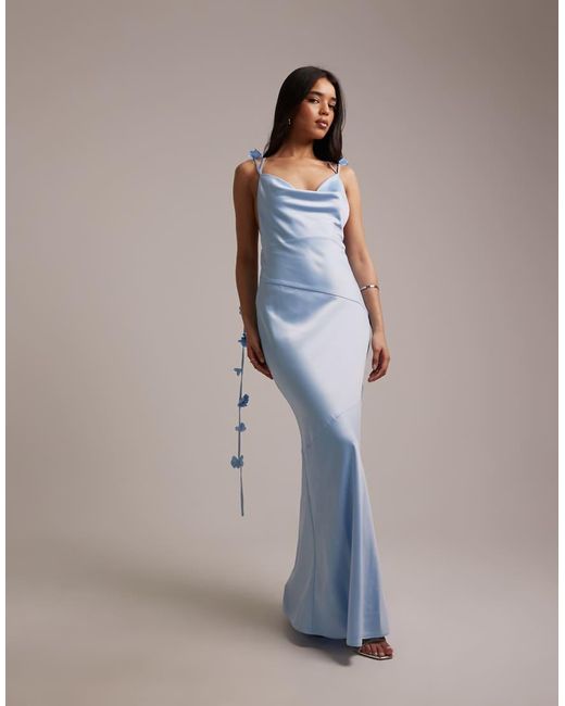 Wanderdoll Blue Aria Satin Cowl Neck Drape Flower Detail Cross Back Maxi Dress