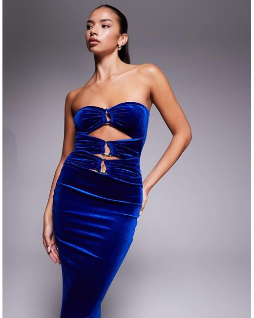 Murci Blue Exclusive Velvet Bandeau Gold Hardware Cut Out Detail Bodycon Fishtail Maxi Dress