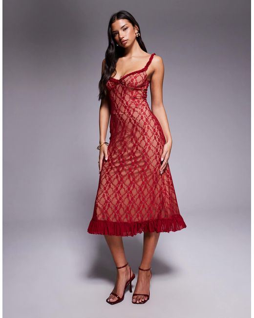 Tiger Mist Deja 90s Lace Ruffle Trim Bow Detail Midi Dress in Red | Lyst