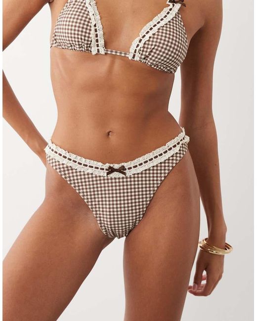 The Frolic Brown Exclusive Lace Trim Bow Front High Leg Bikini Bottoms Co-Ord