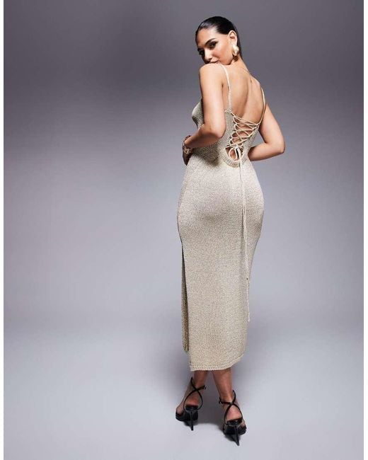 gold dress missy empire Metallic Knitted Lace Up Back Side Slit Midi in Grey colourway-sofie