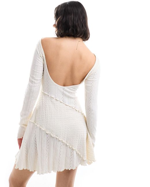 Miss Selfridge White Mixed Texture Long Sleeve Scoop Back Mini Dress