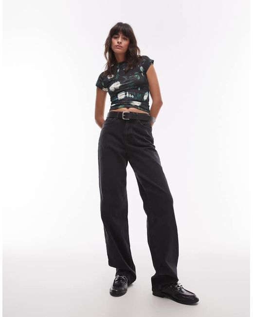 Top Con Estampado Floral Abstracto Y Mangas De Casquillo De Microfibra De -Gris TOPSHOP de color Black