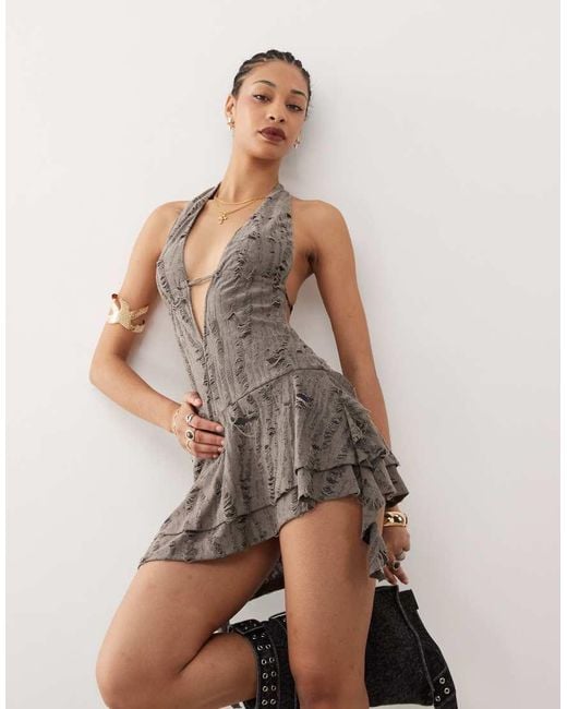 Edikted Natural Plunge Neck Halter Neck Dress
