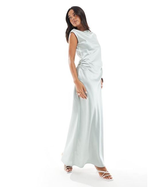 4th & Reckless White Gathered Waist Drape Detail Slash Neck Satin Maxi Dress