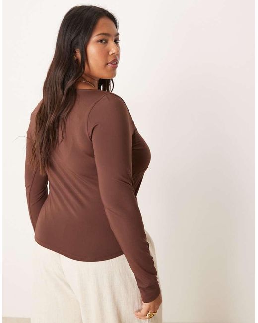 ASOS Brown Asos Design Curve Slinky Square Neck Ruched Front Long Sleeve Top With Lace