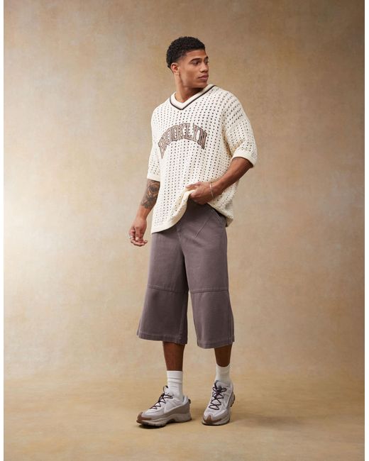 ASOS Natural Relaxed Crochet Knitted Tshirt With Varsity Pattern And City Text for men
