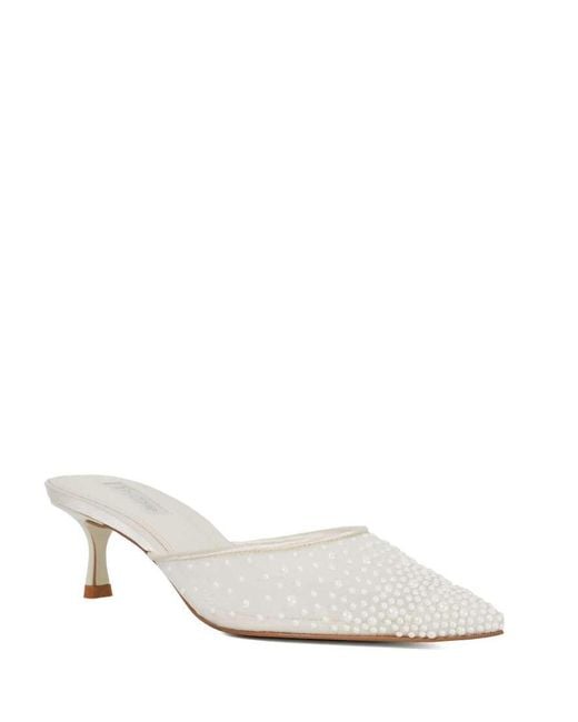 Dune White Cuddling Sea Pearl Embellished Kitten Heel Wedding Mules