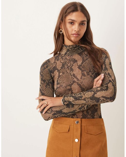 Y.A.S Brown Sheer High Neck Long Sleeved Top
