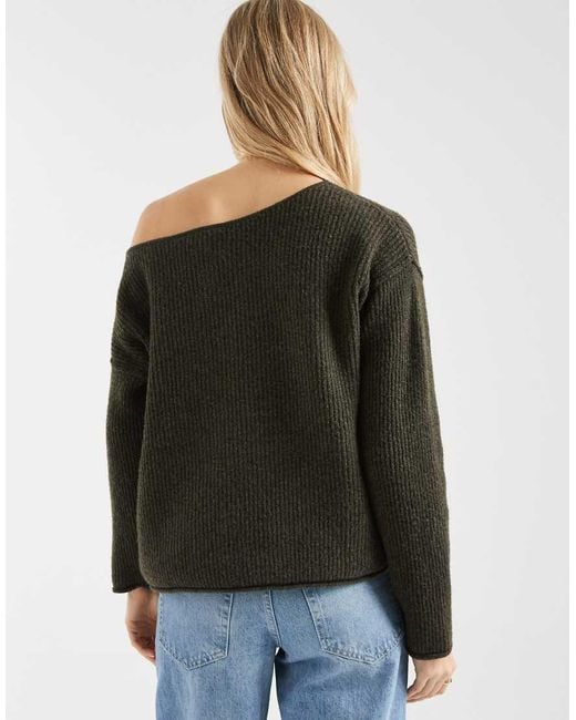 Miss Selfridge Green Asym Off The Shoulder Slouchy Cosy Knit Jumper