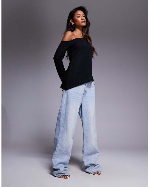 ASOS Black Off Shoulder Sheer Knit-look Asymmetric Top