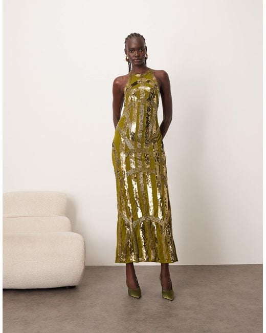 ARRANGE Deco Linear Embellished Racer Neck Maxi Dress in Natural | Lyst