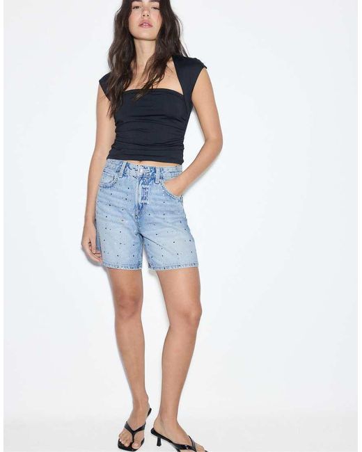 Stradivarius Blue Denim Bermuda Shorts With Rhinestones