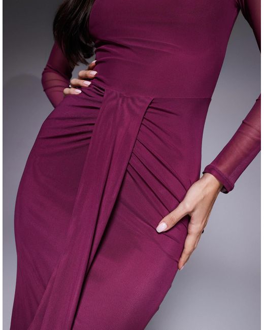 ASOS Women's Purple Mesh Long Sleeve Slash Neck Open Back Maxi Dress With  Sash