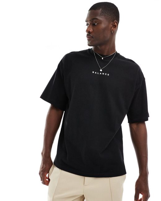 SELECTED Black Oversized Heavy Weight T-shirt With Balance Backprint for men