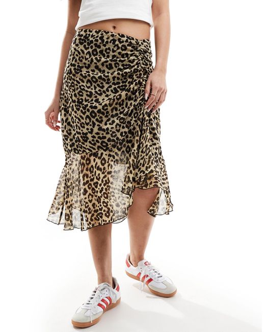Mango Brown Leopord Print Midi Skirt With Aysmmetric Hem