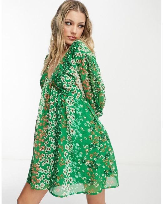 Wednesday's Girl Green Puff Sleeve Mini Smock Dress