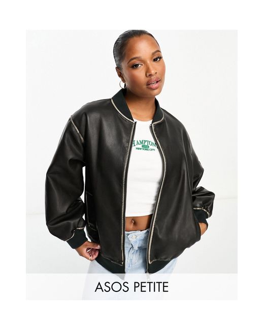 ASOS Black Asos Design Petite Washed Faux Leather Bomber Jacket