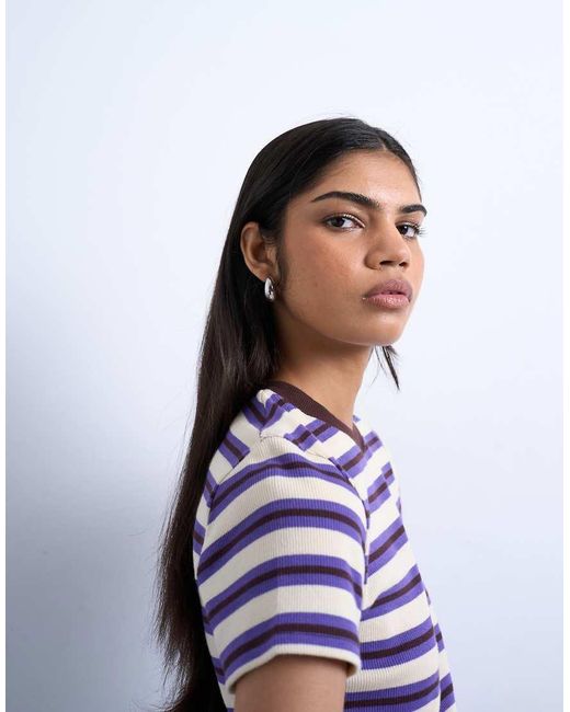 TOPSHOP Blue Stripe Rib Short Sleeve Tee