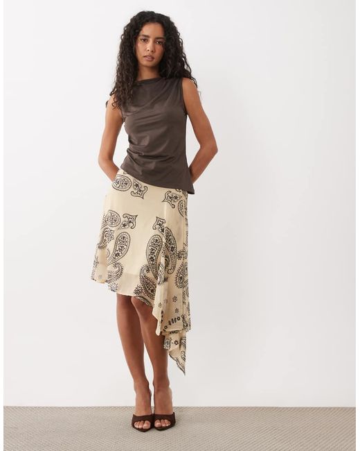 ASOS Natural Satin Paisley Print Midi Skirt With Split (part Of A Set)-multi