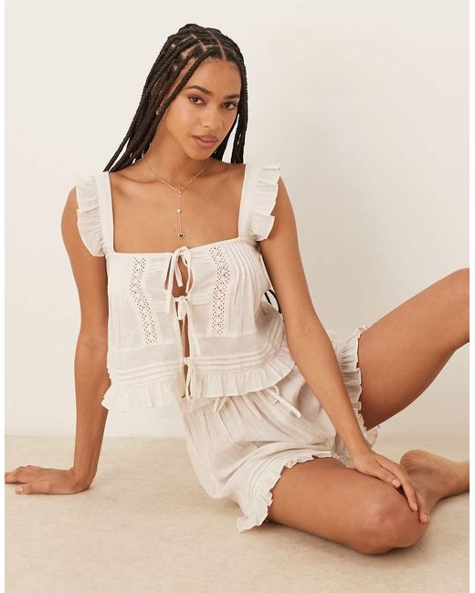 ASOS Natural Frilly Tie Front Cami And Short Pyjama Set