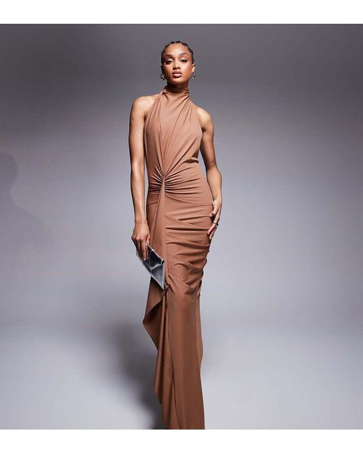 ASOS Asos Design Tall Sculpting Jersey High Neck Drape Ruffle Maxi Dress in  Brown | Lyst UK