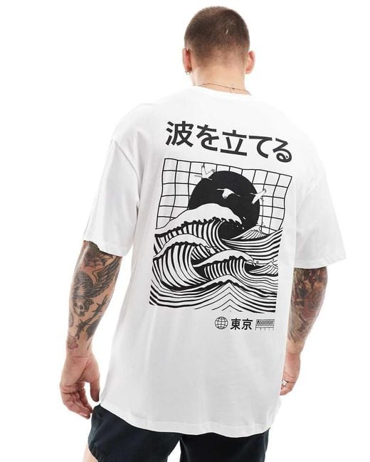 Jack & Jones White Oversized T-shirt With Japanese Wave Backprint for men