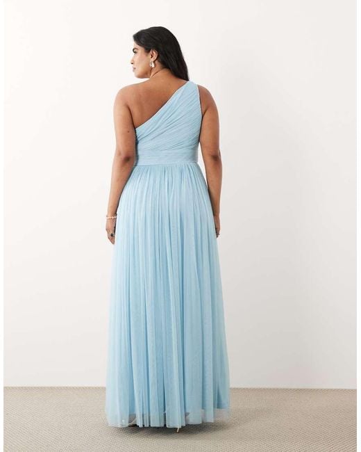 Lace & Beads Plus Blue Bridesmaid Tulle One Shoulder Fitted Waist Maxi Dress