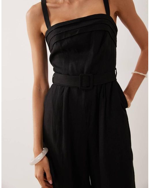 Mango Black Linen Rich Belted Square Neck Jumpsuit