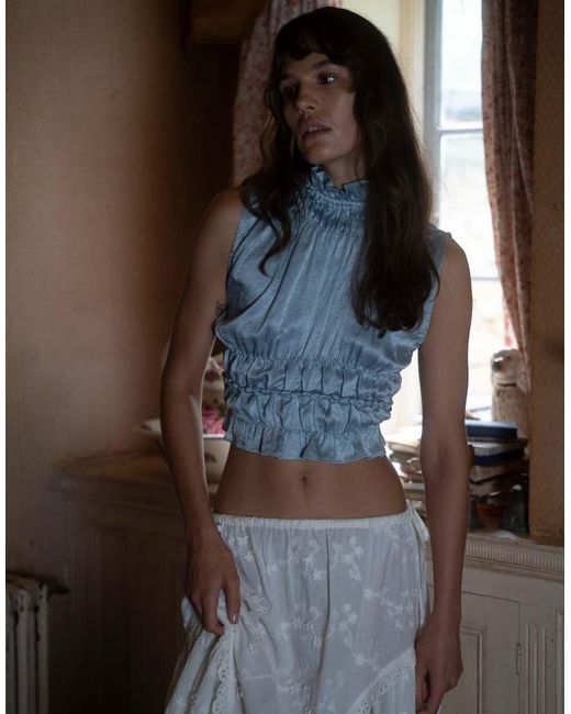 Muse Assembly Blue Ruffle High Neck Crop Shirred Top
