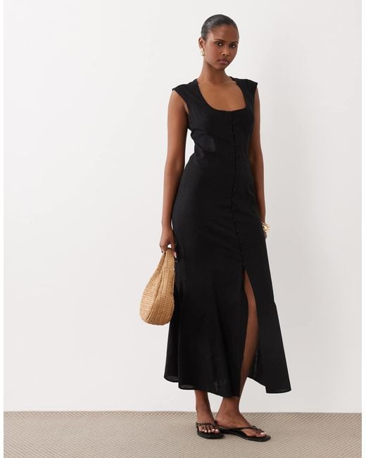 ASOS Black Square Neck Button Down Midi Sundress