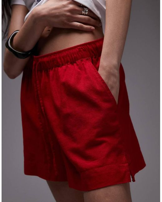 TOPSHOP Red High Rise Drawcord Linen Shorts
